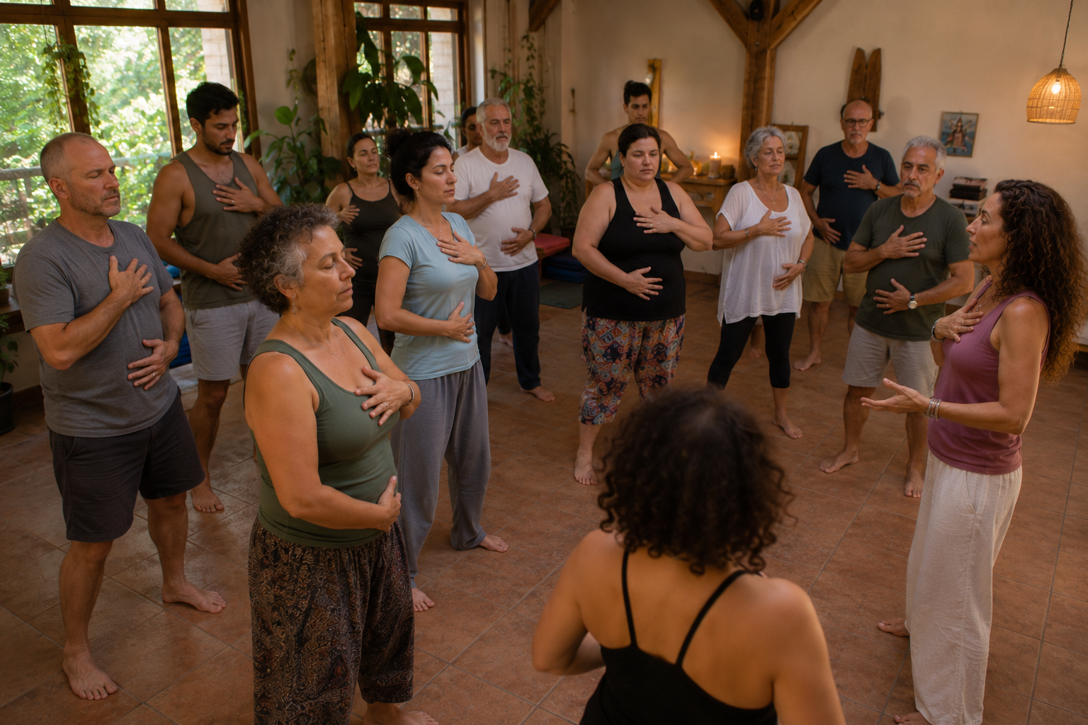 Participantes del retiro holístico de reiki disfrutando experiencias de sanación y bienestar