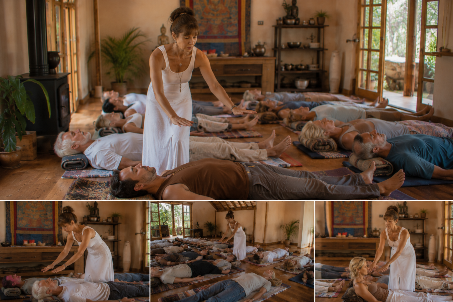 Participantes del retiro holístico de reiki disfrutando experiencias de sanación y bienestar