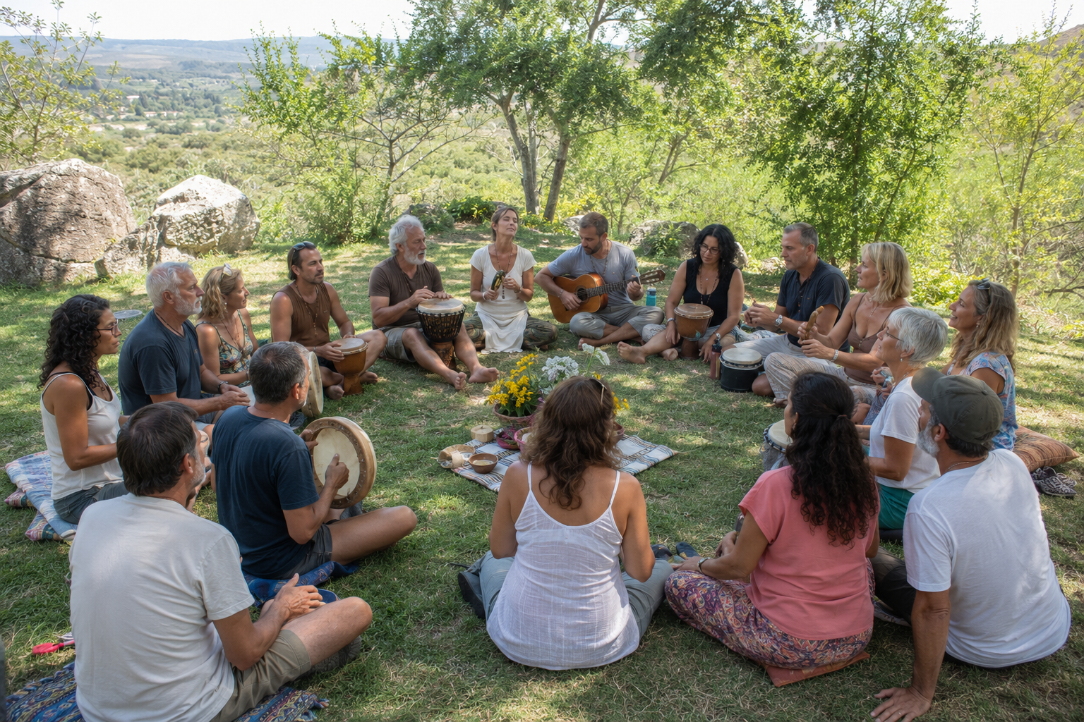 Participantes del retiro holístico de reiki disfrutando experiencias de sanación y bienestar