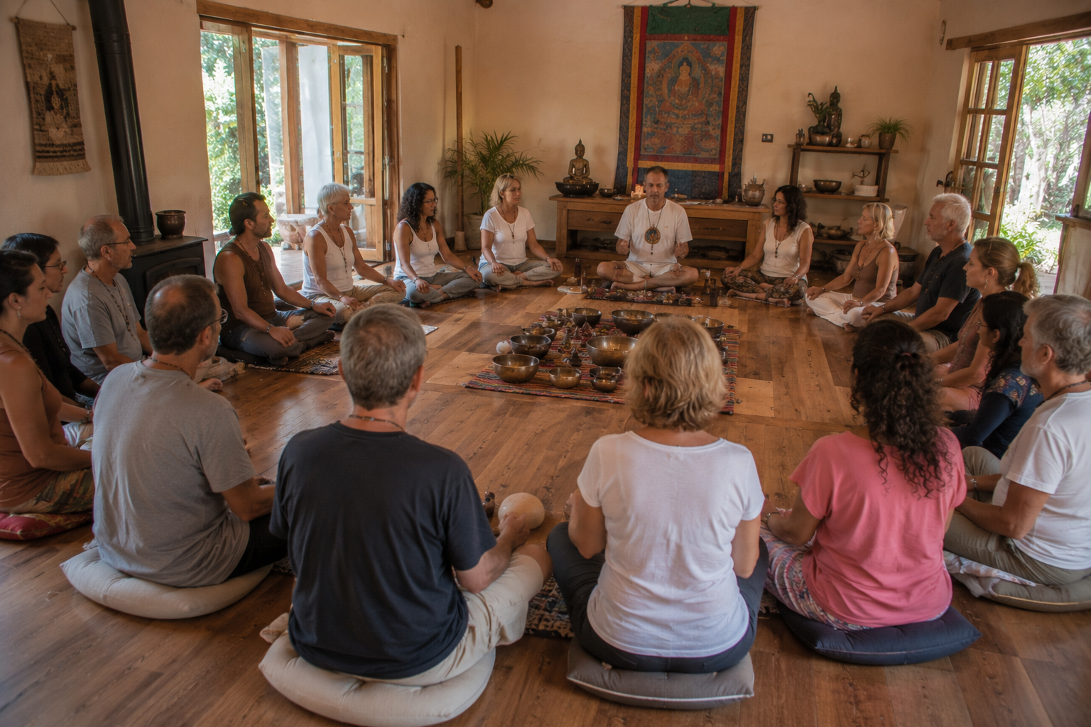 Participantes del retiro holístico de reiki disfrutando experiencias de sanación y bienestar