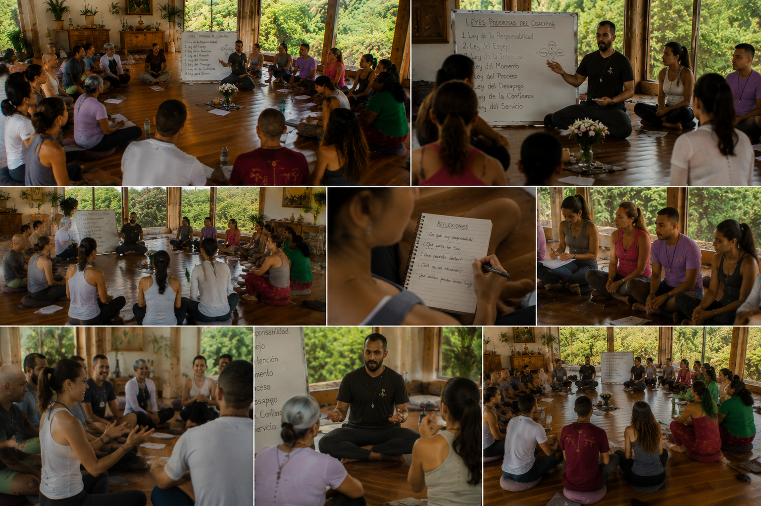 Participantes del retiro holístico de reiki disfrutando experiencias de sanación y bienestar
